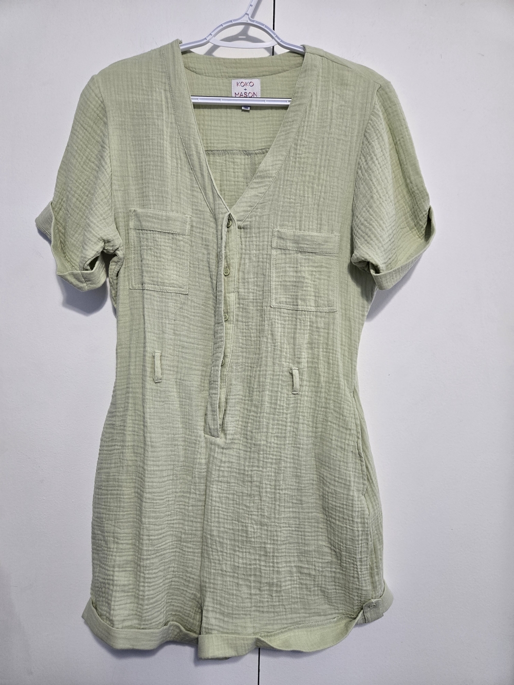 Koko + Mason Sage Green Cotton Gauze Romper Size L Missing‎ Belt